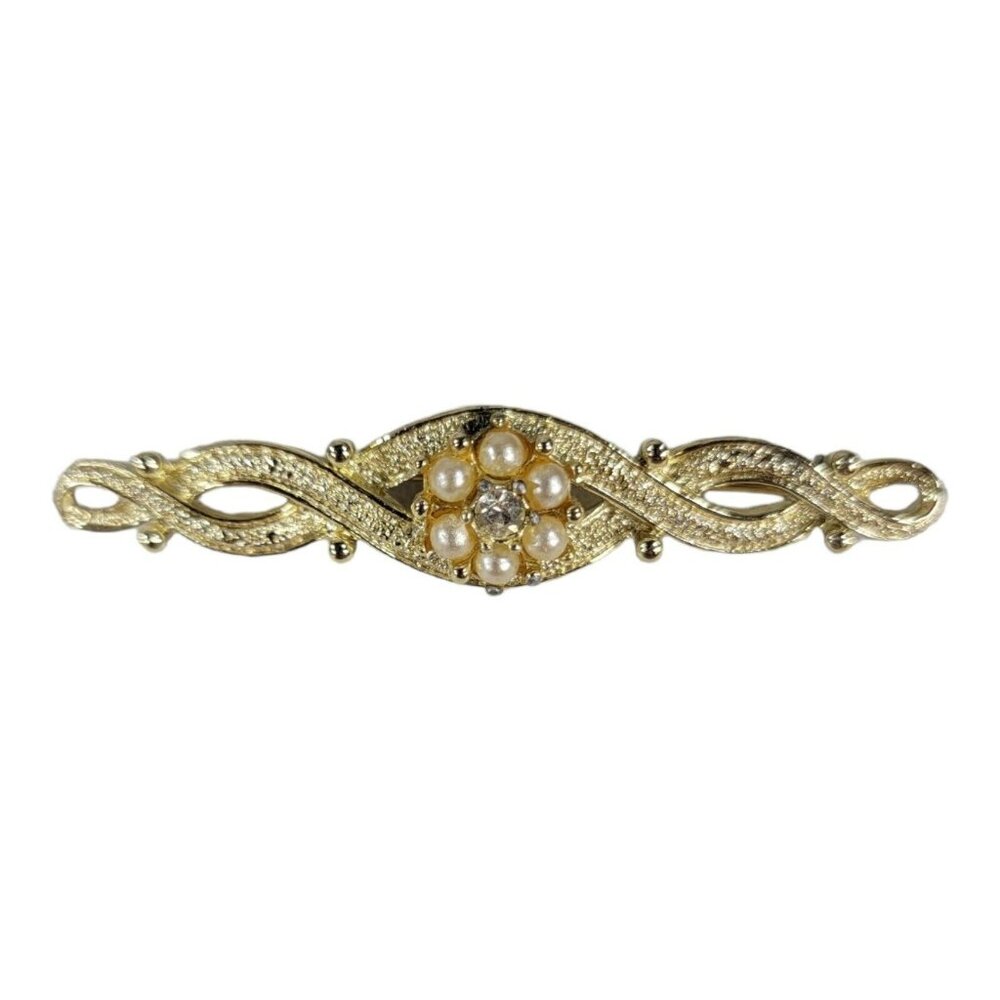 Emmons‎ Faux Pearl Rhinestone Gold Tone Bar Brooch Pin Signed Vintage